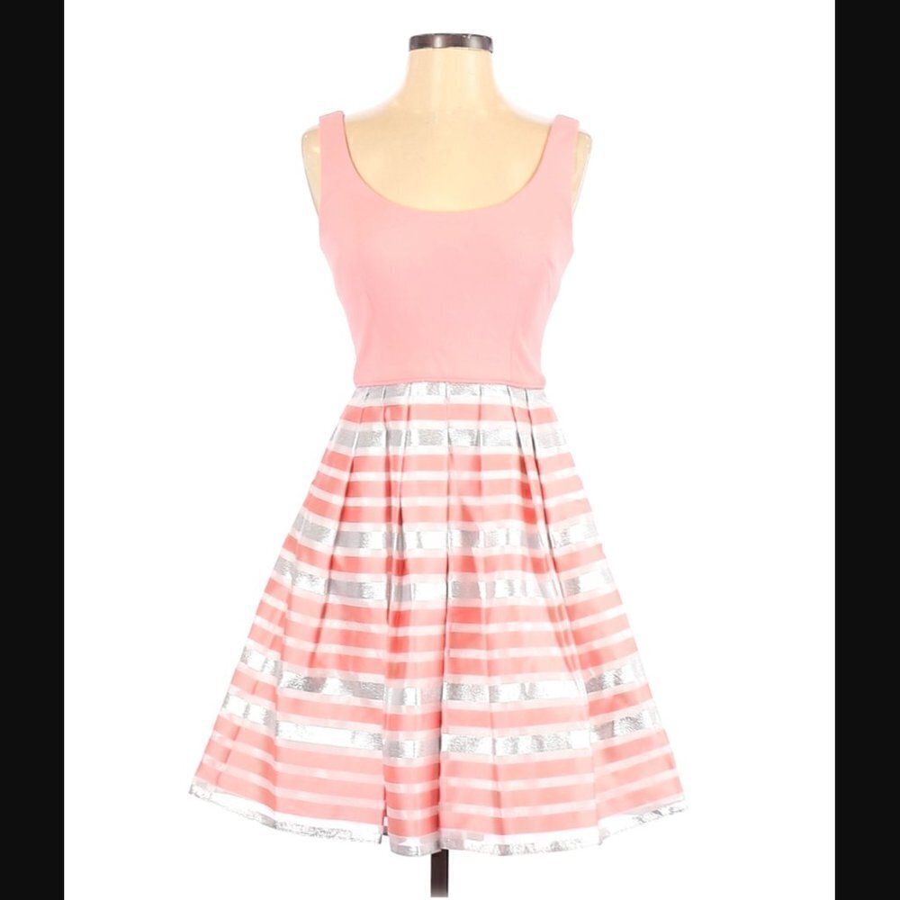 Aidan Mattox Dress 0 NWT Metallic Scoop Neck Shadow Stripe Pink Silver White